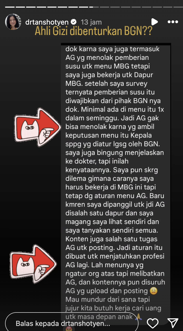 Keluhan Ahli gizi MBG pada dr Tan Shot Yen